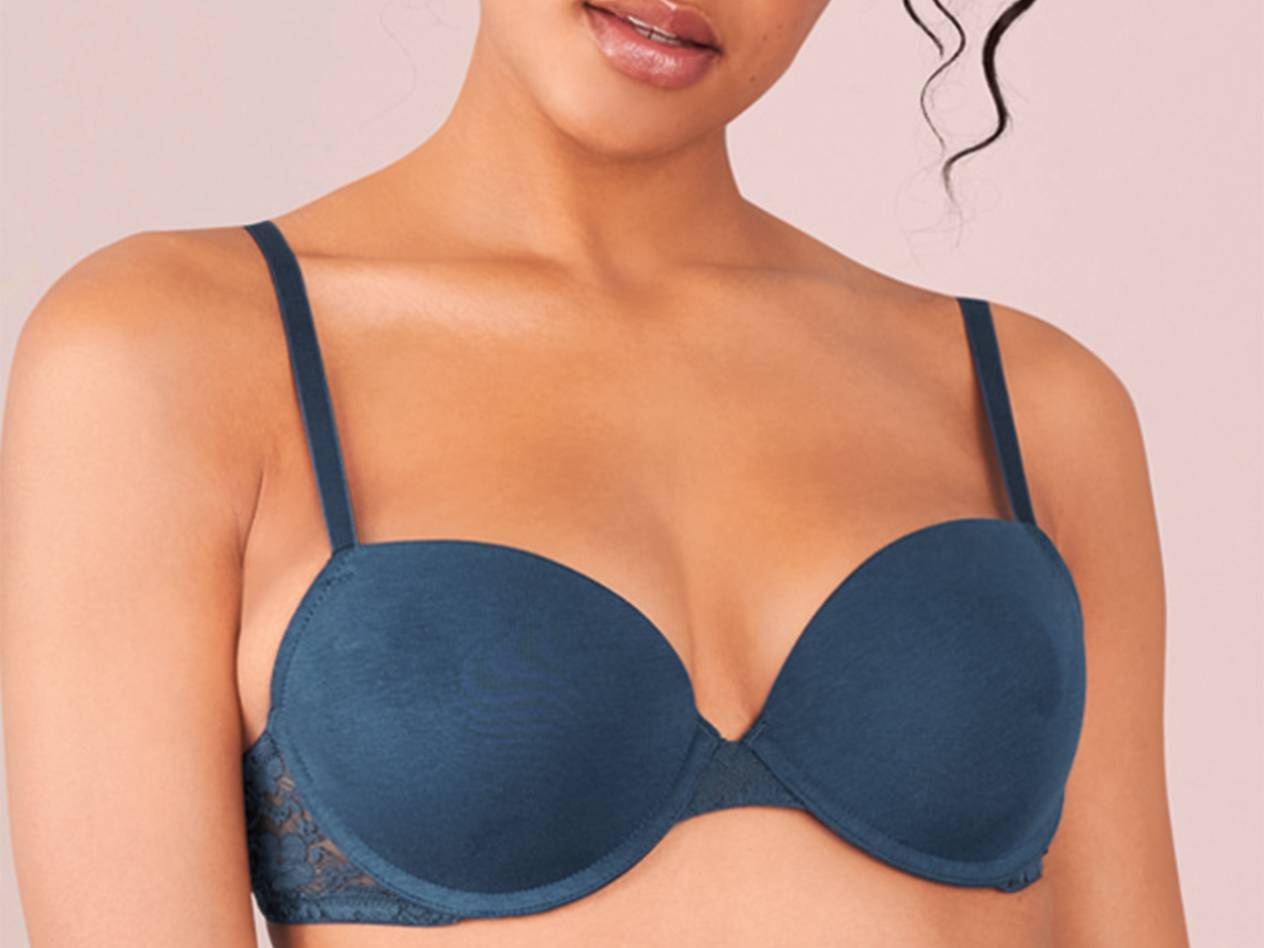 Dark blue strapless bra.