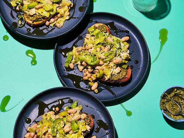 White bean, leek, and pesto toast.