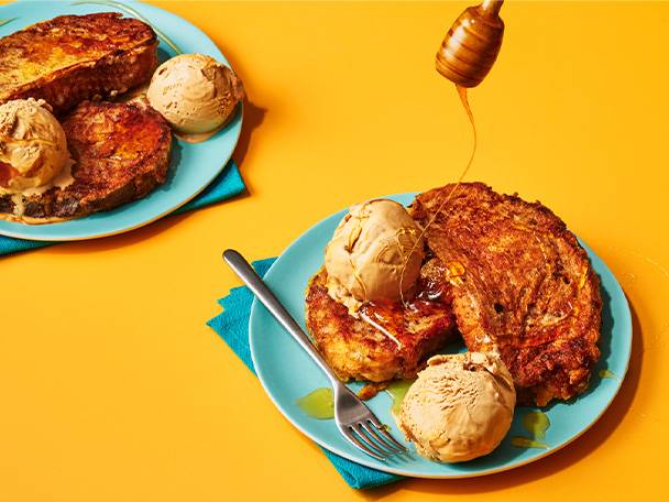 French toast with ice cream and honey.