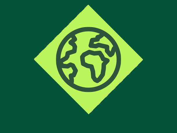 A green diamond with a dark green outline of the Earth, on a dark green background.
