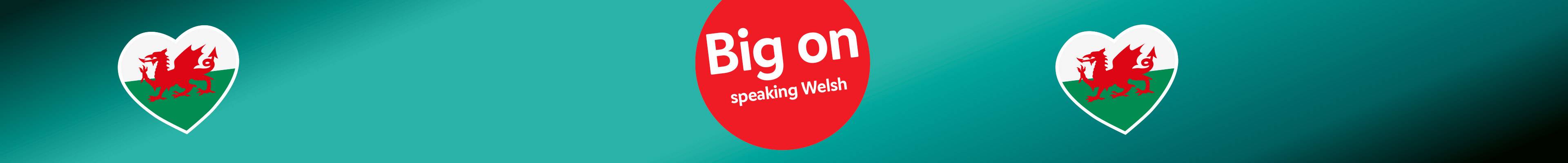 Logo 'Big on speaking Welsh' with hearts featuring the Welsh flag.