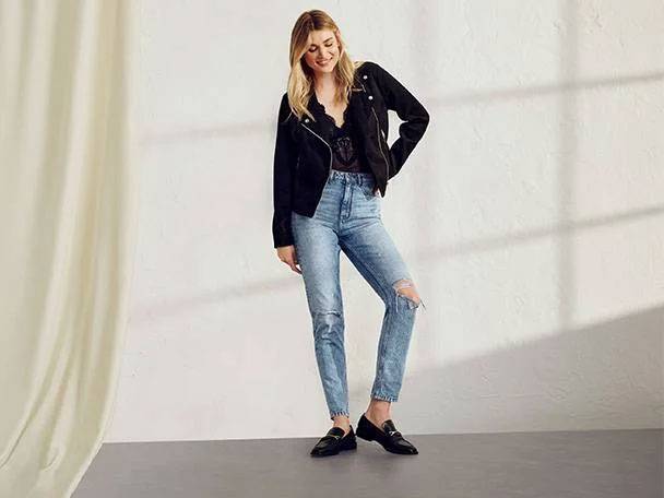 Jacket, jeans, and loafers.
