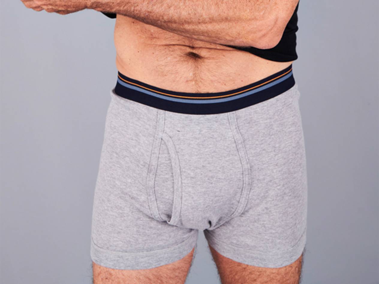 Grey boxer shorts.