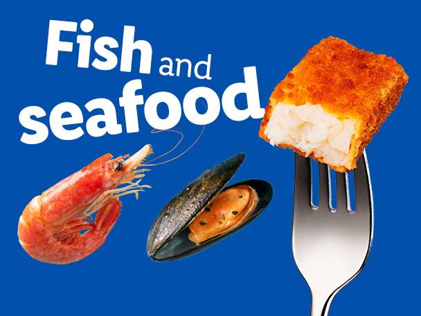 Shrimp, mussels, and fish fingers.