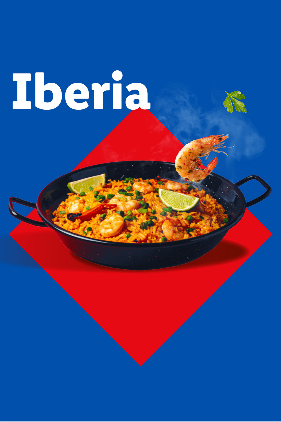 A pan of paella with shrimp and lime wedges on a blue and red background with the word 'Iberia'.