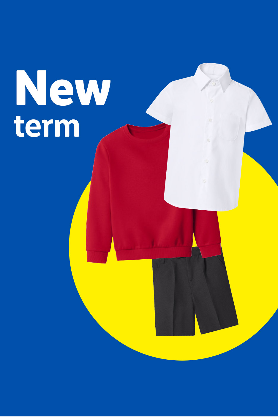 School uniform items: red sweatshirt, white shirt, and black shorts, with text 'New term'.