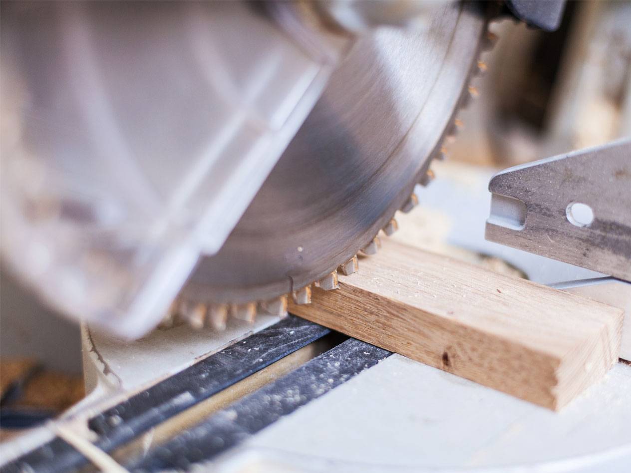 Wood being cut with a circular saw.