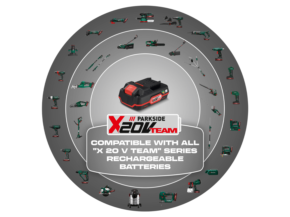 Parkside X20V Team tools: battery, various devices.