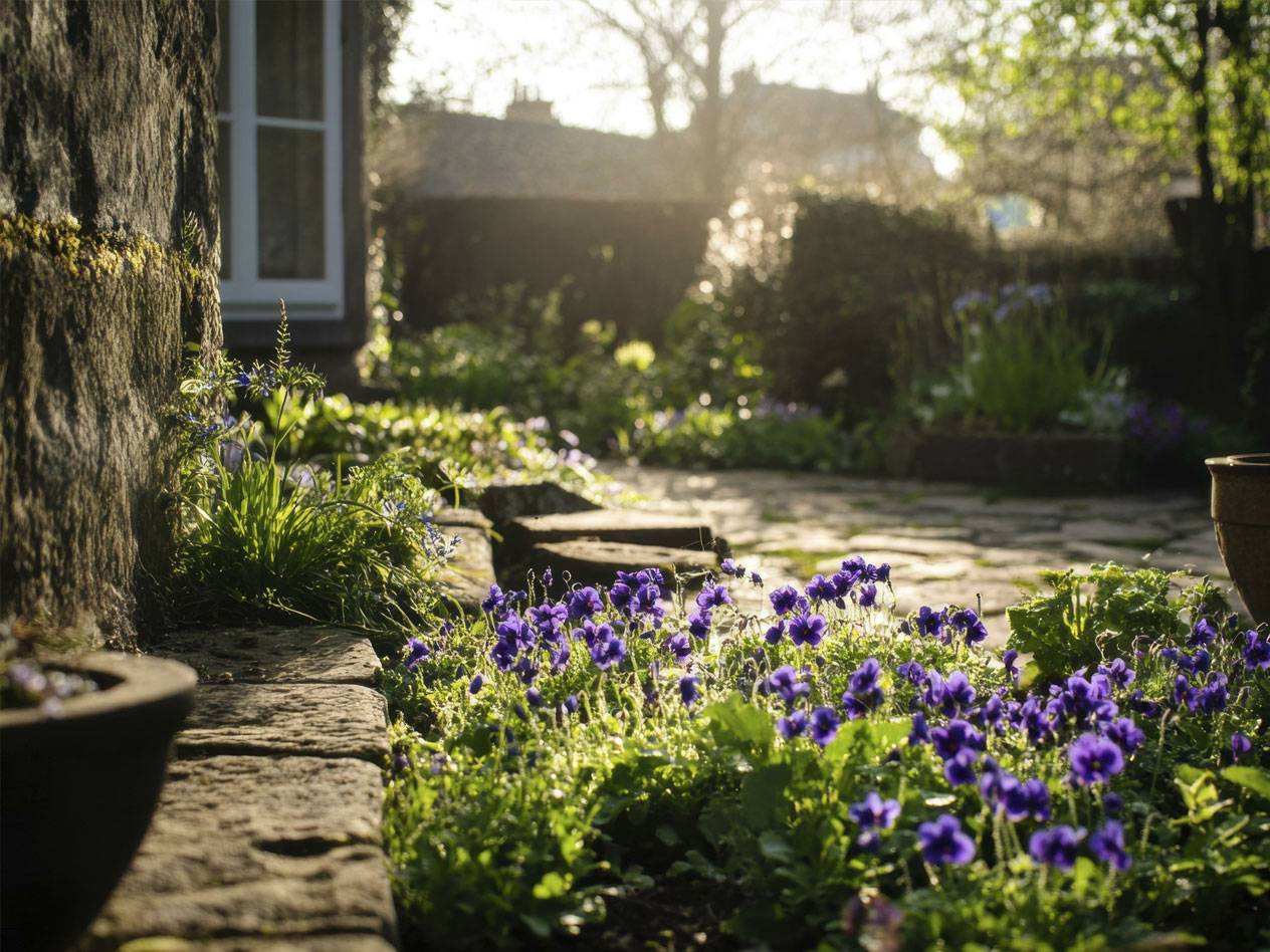 Pansies and other flowers in a garden.