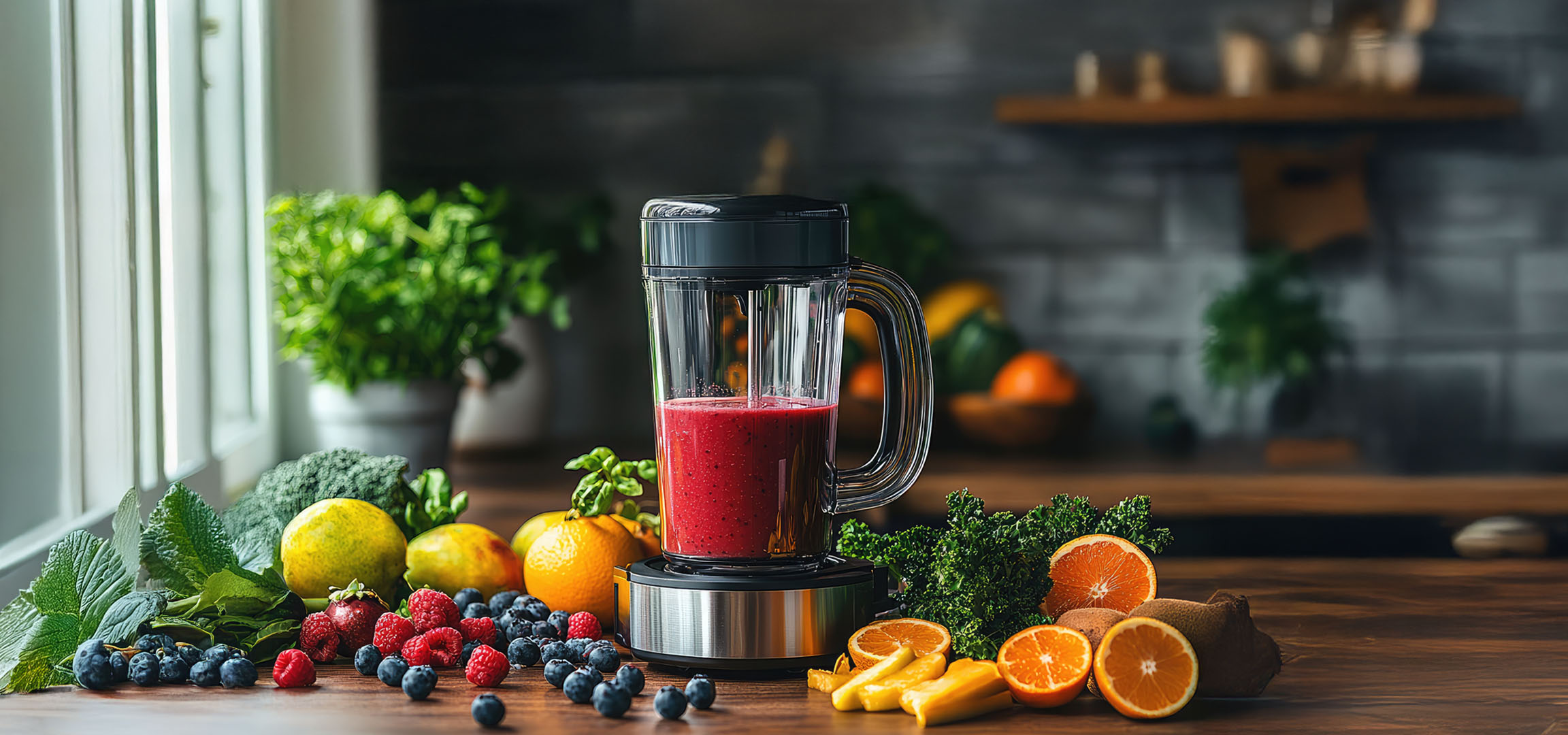Blender with fruit and vegetables.