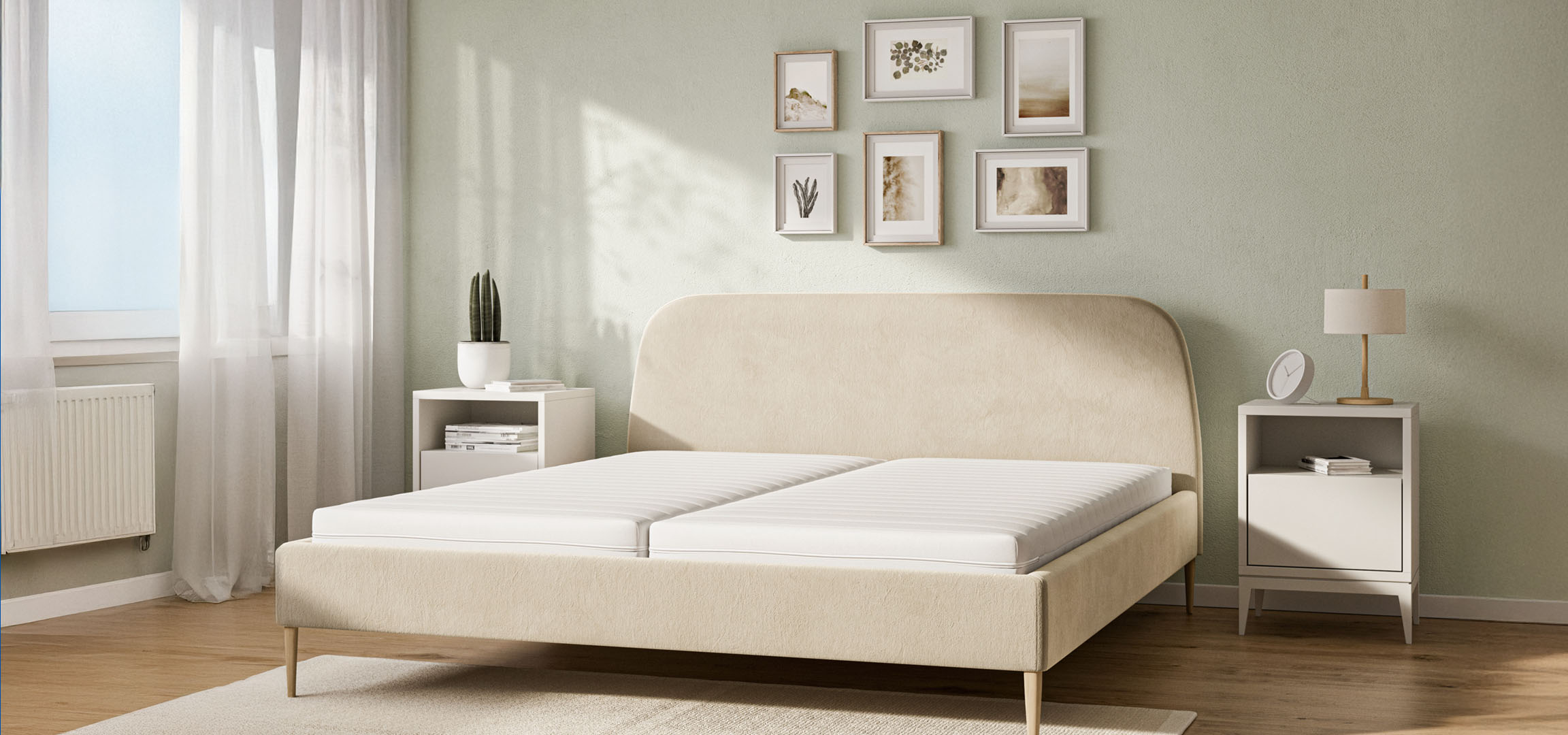 Beige bed with mattress in a bedroom.