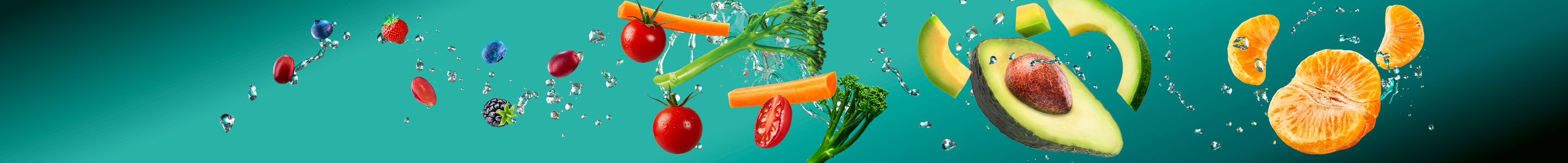Avocados, mandarins, berries, and vegetables in water.