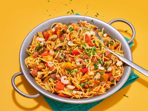 Seafood and chorizo pasta dish.