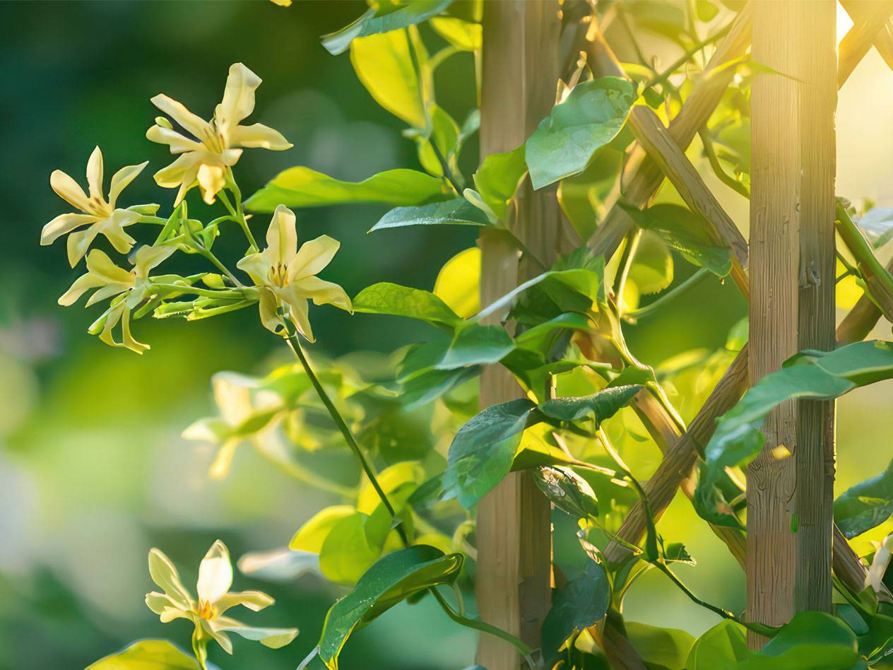White climbing flowers on a wooden trellis.