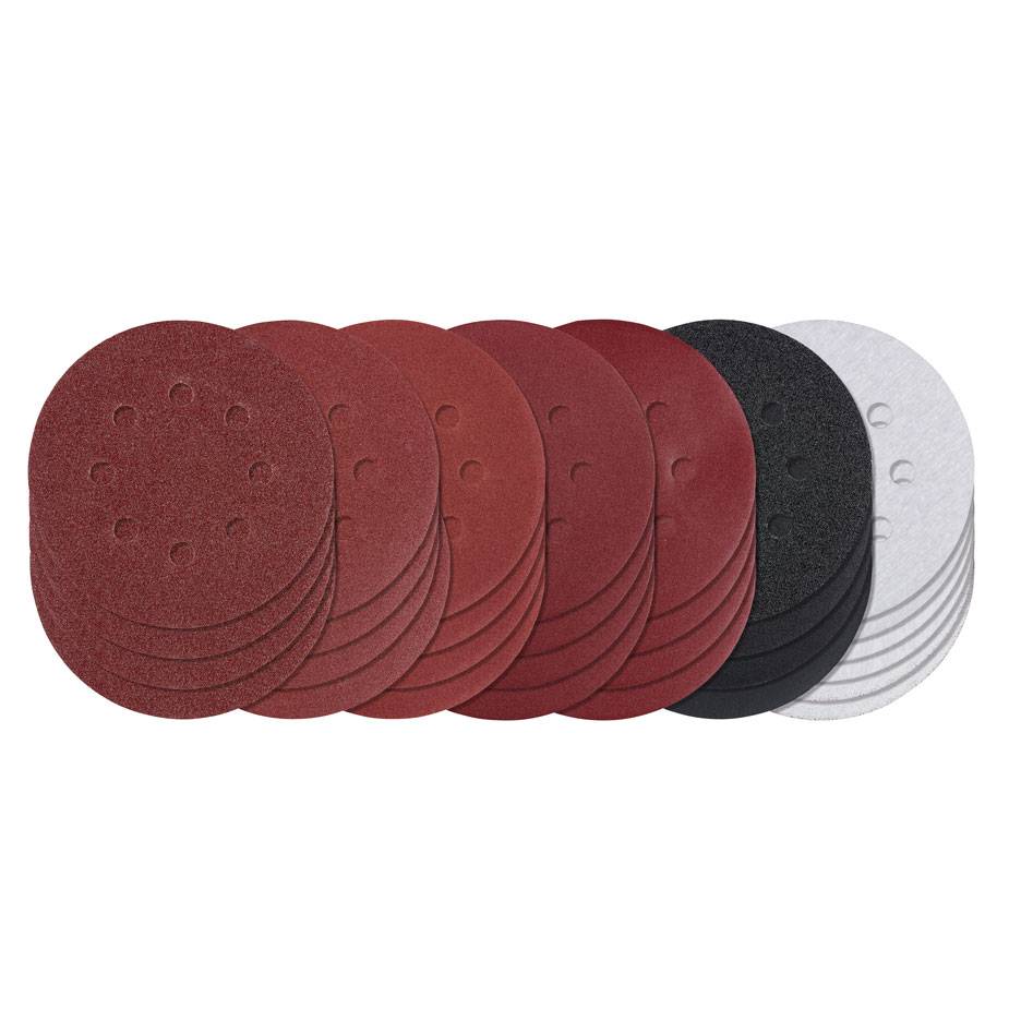 Assortment of round sanding discs in various grits and colors, including red, black, and white.