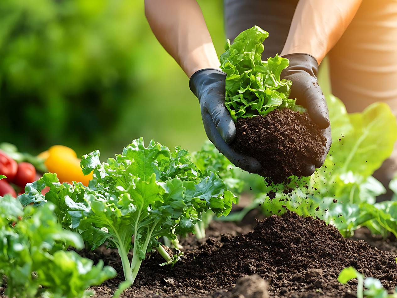 Lettuce and soil in a garden.