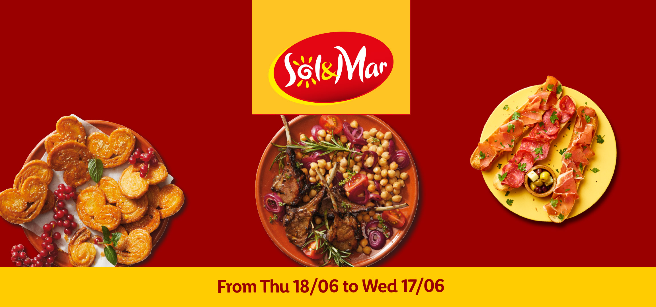 Spanish tapas with cured meats on bread and palmiers with red currants. Offer from 18/06 to 01/07.