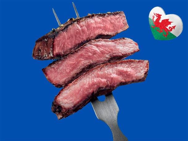 Steak on a fork, Welsh theme.