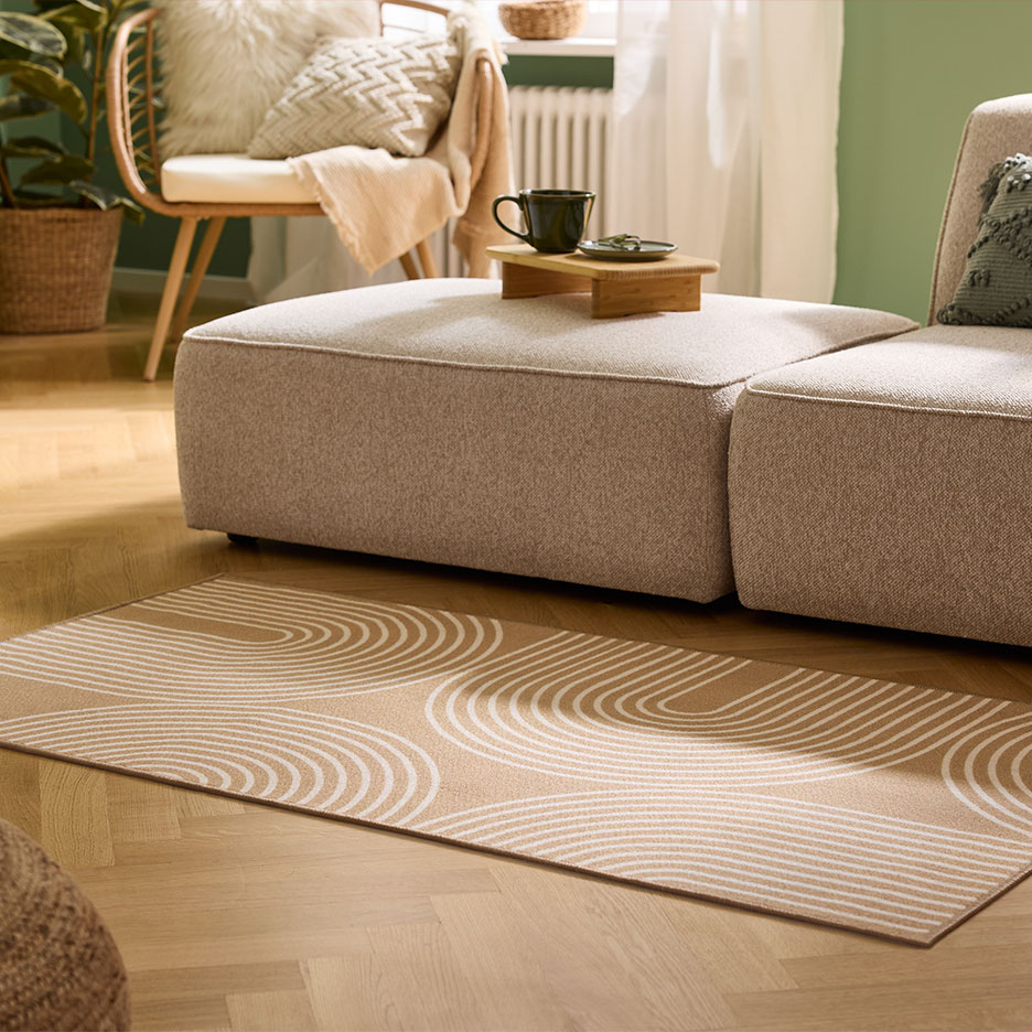 Beige rug with arch pattern, modular sofa, and wooden armchair in a cozy living room.