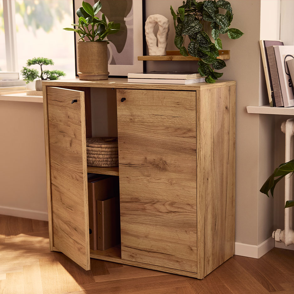 Light wood cabinet with two doors, one open, in a bright room with plants and books.